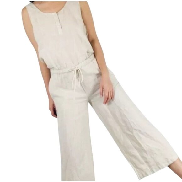cloth & stone Pants - Cloth & Stone Jumpsuit Women S Beige V Neck Sleeveless Wide Leg Crop 100 Linen